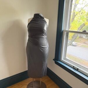 Maeve Anthropologie Gray Faux Leather Halter Neck Ruched Bodycon Midi Dress 1X‎